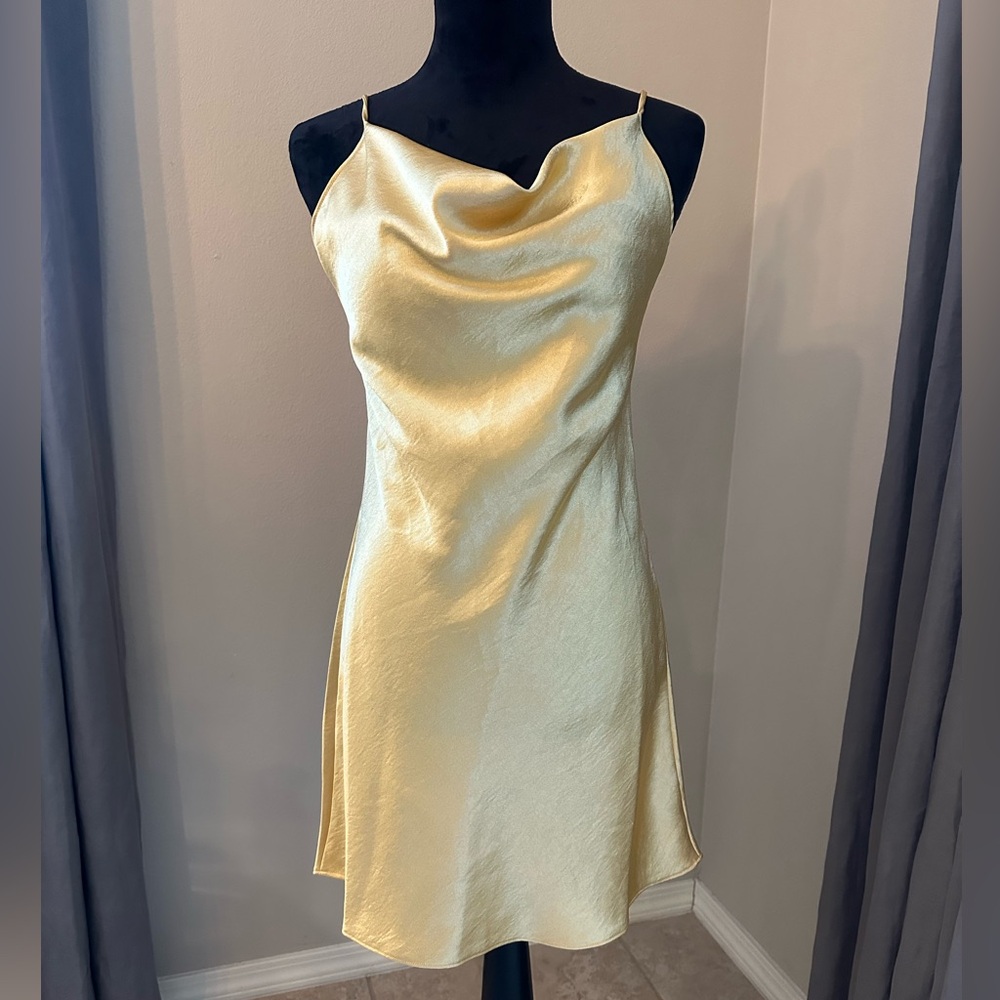 Radiant Gold Cowl Neck Open Back Mini Dress in Size Medium